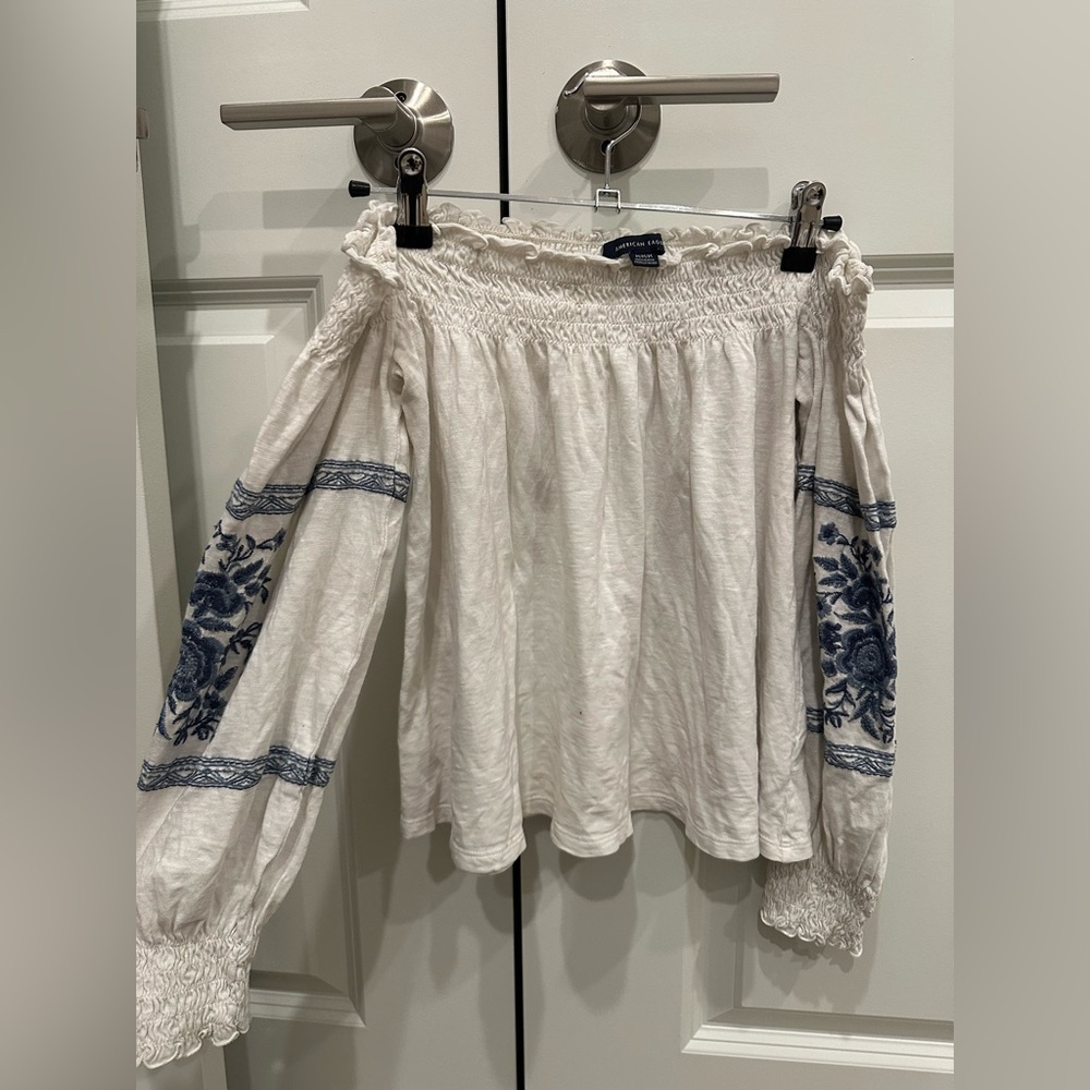 American Eagle Outfitters Off-Shoulder White Blouse with Blue Floral Accents